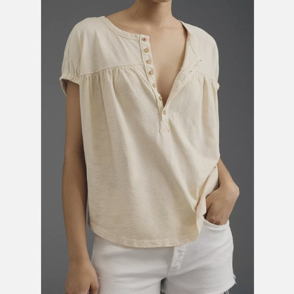 Anthropologie Pilcro Cream Short Sleeve Ruched Henley Tee